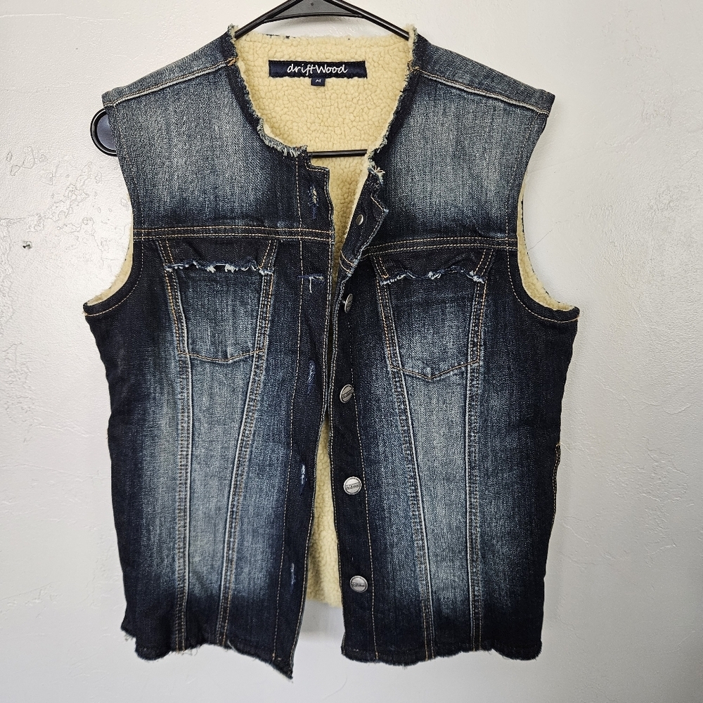 Driftwood Women’s Medium Dark Wash Denim Sherpa Lined Vest Button Up Boho Jean